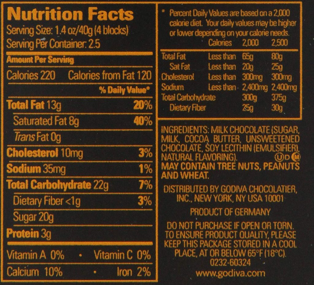 Godiva label showing nutritional information and company locations