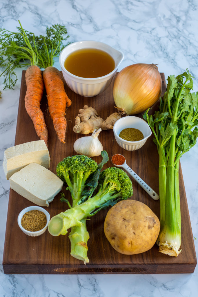 Whole ingredients for Cold-Busting Vegan Ginger Garlic Soup