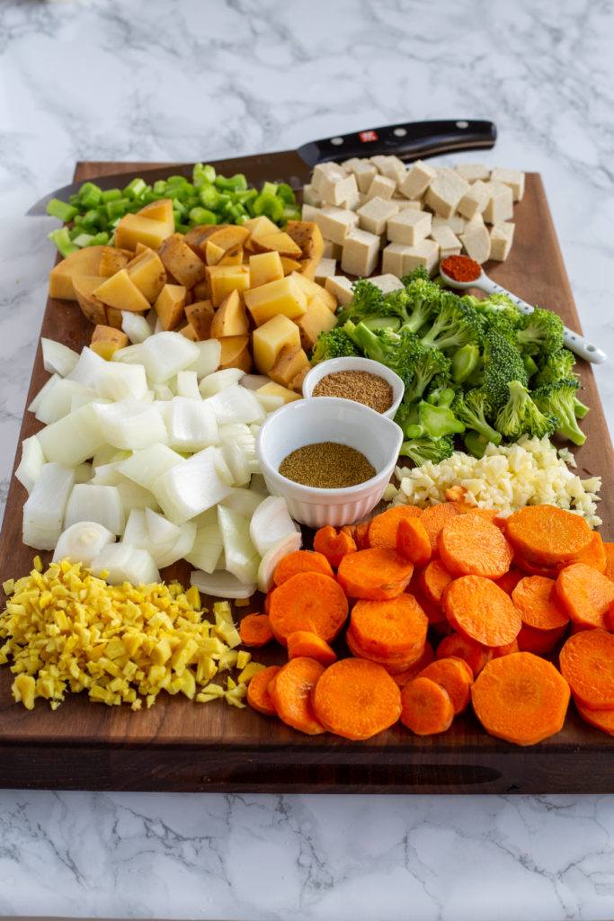 Chopped ingredients for Cold-Busting Vegan Ginger Garlic Soup 