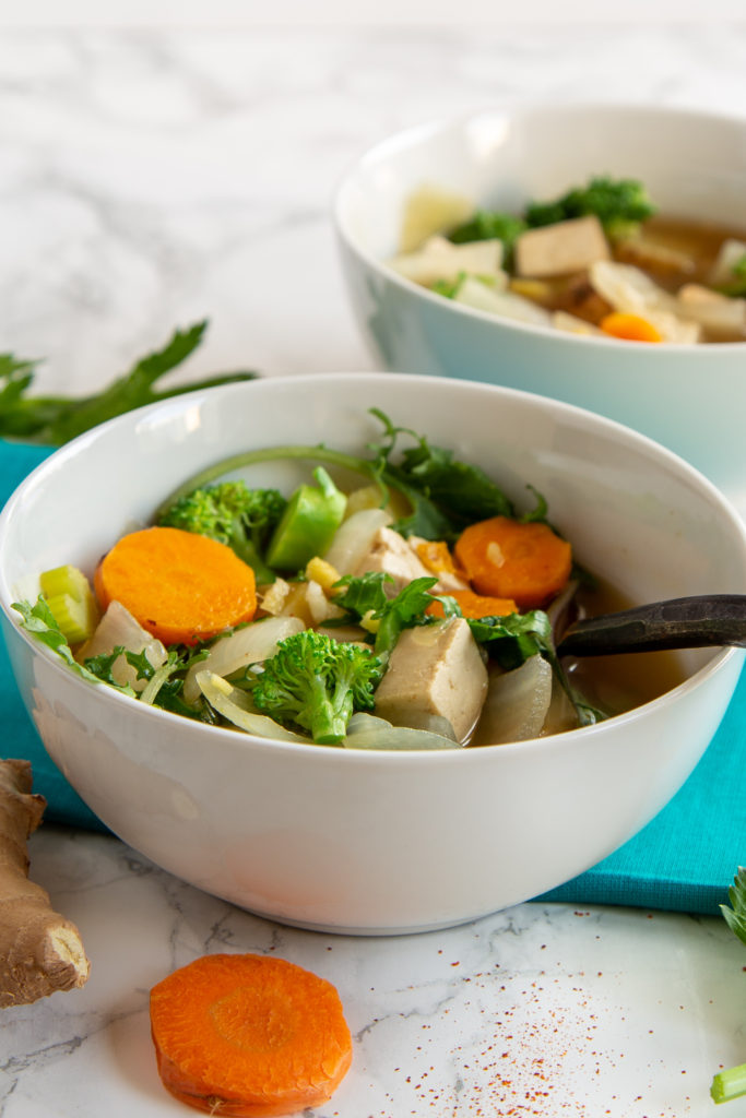 Close up of Cold-Busting Vegan Ginger Garlic Soup 