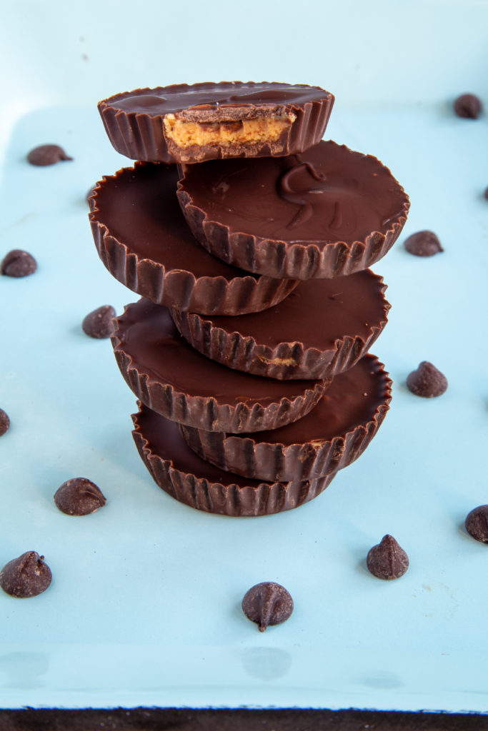 Final Homemade Peanut Butter Cups stacked with bite taken out of top one