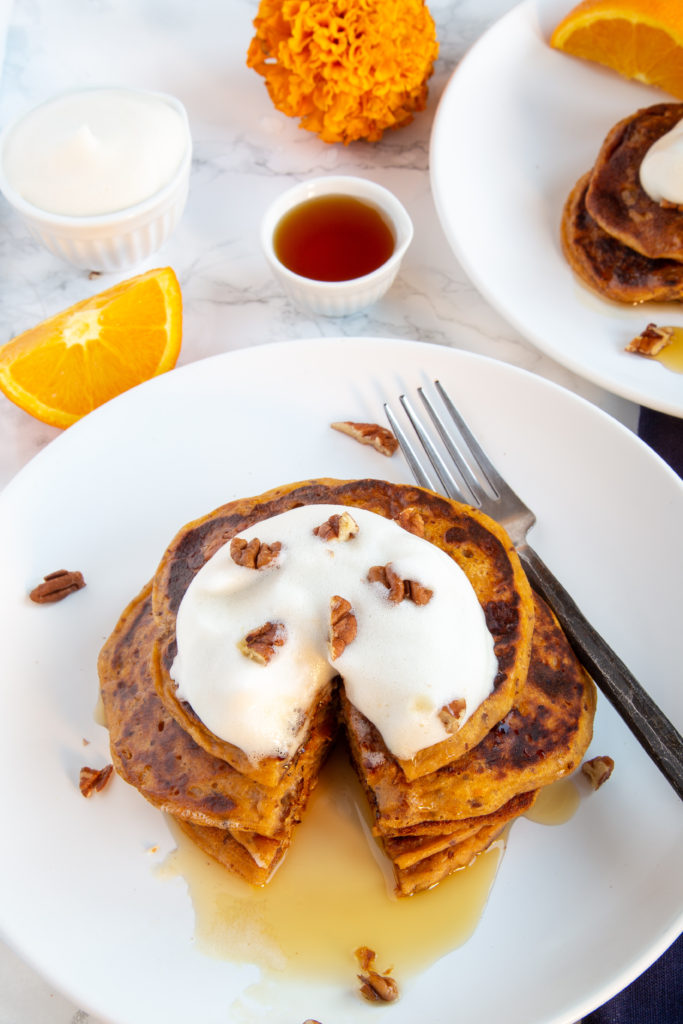 Sweet Potato Casserole Pancakes with bite cut out