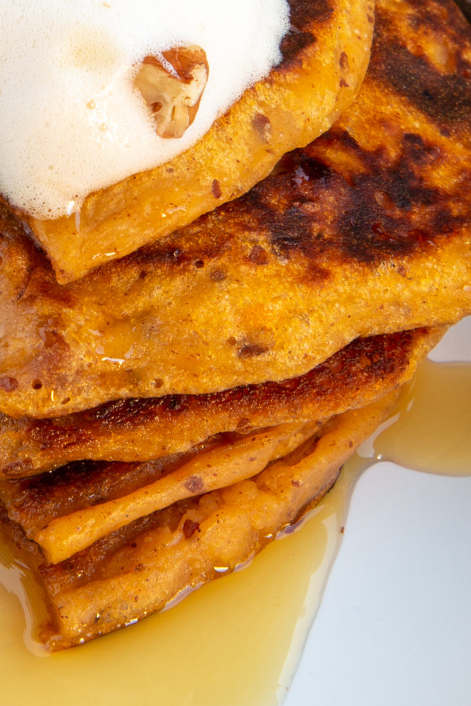 Closeup view of Sweet Potato Casserole Pancakes