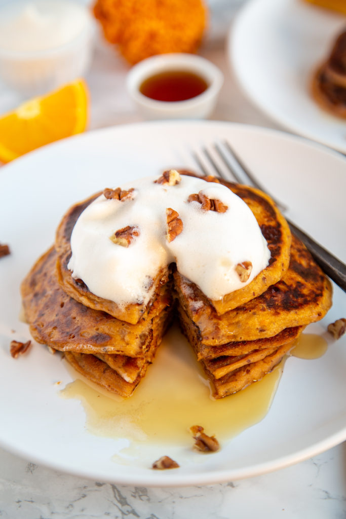 Sweet Potato Casserole Pancakes from side with bite cut out