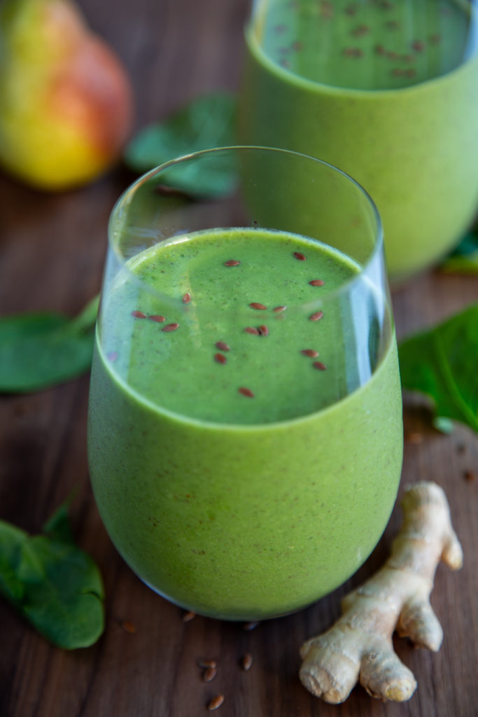 Single glass of Ginger Pear Green Smoothie