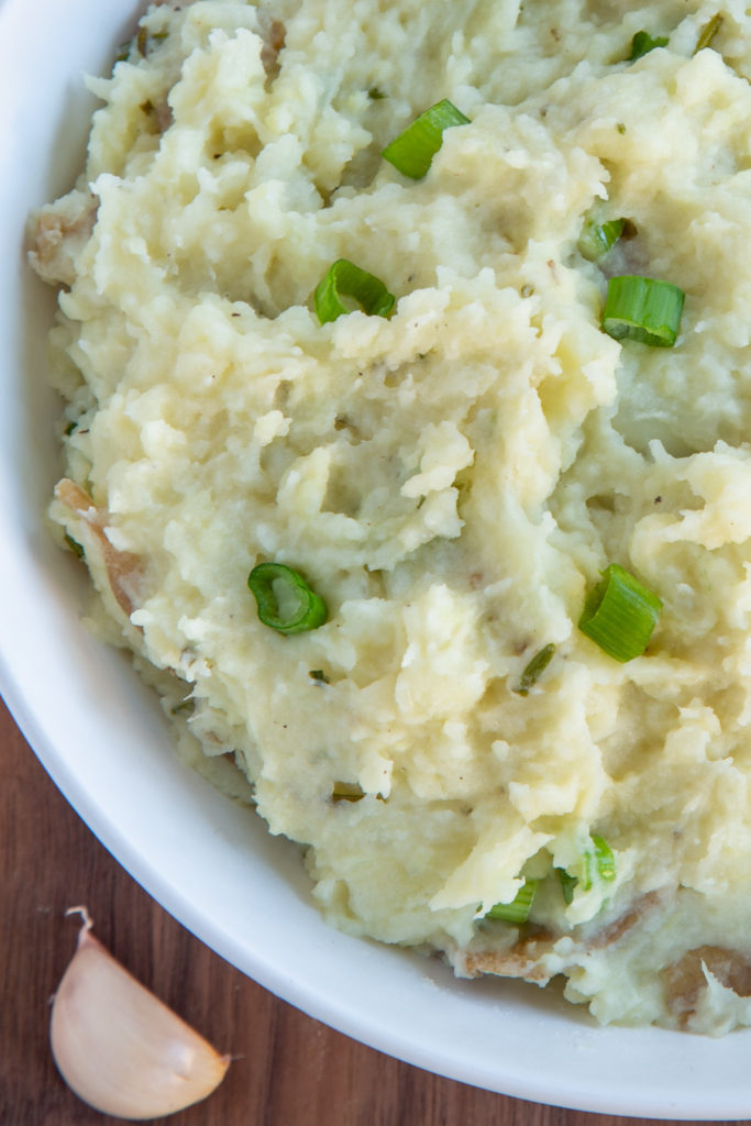 Up close shot of Light and Creamy Garlic Mashed Potatoes