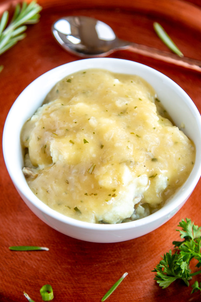 Simple Vegan Gravy on Light and Creamy Garlic Mashed Potatoes