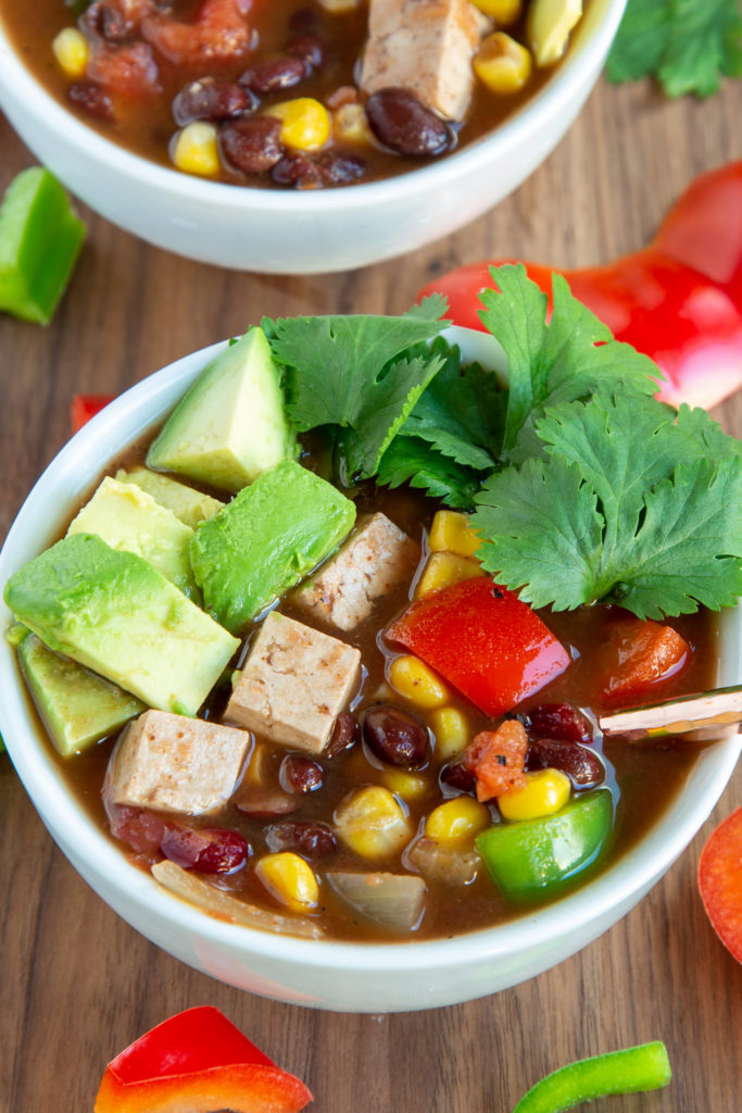 Final Vegan Chili topped with avocado and cilantro