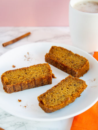 Sliced and plated Fresh Vegan Pumpkin Bread