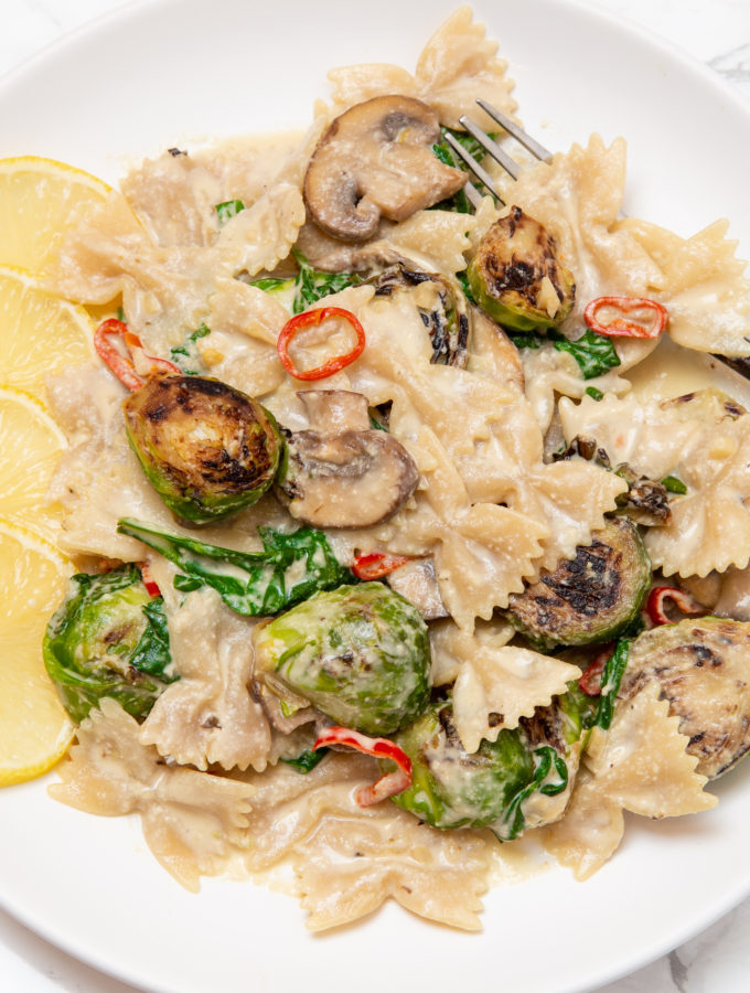 Overhead view of plate of Creamy Autumn Pasta