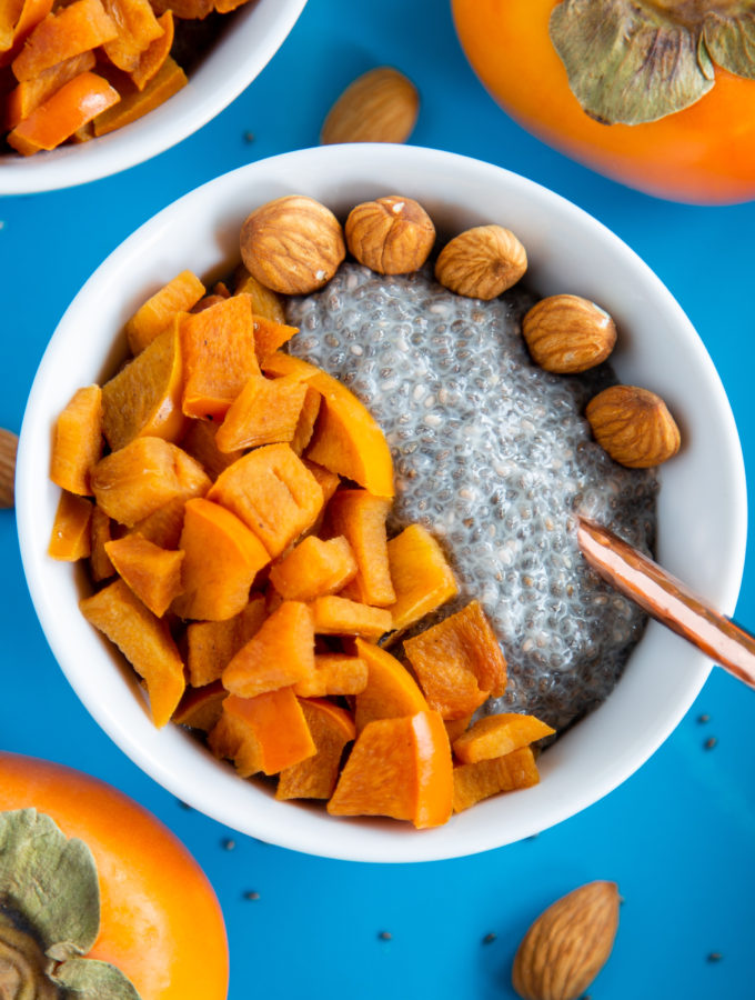 Overhead image of cup of Chia Yogurt with Caramelized Persimmons